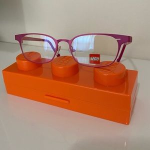 Lego glasses with case, dark pink exterior with light pink interior